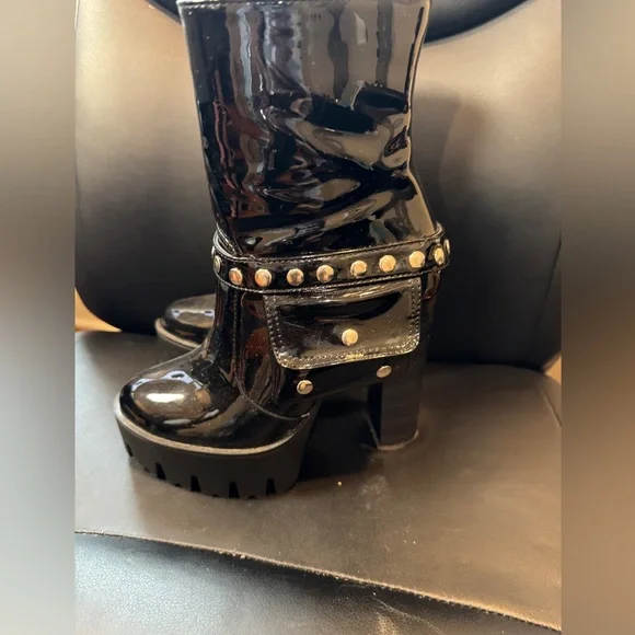 Studded Black Patent Leather Combat Boots - Picture 3 of 5